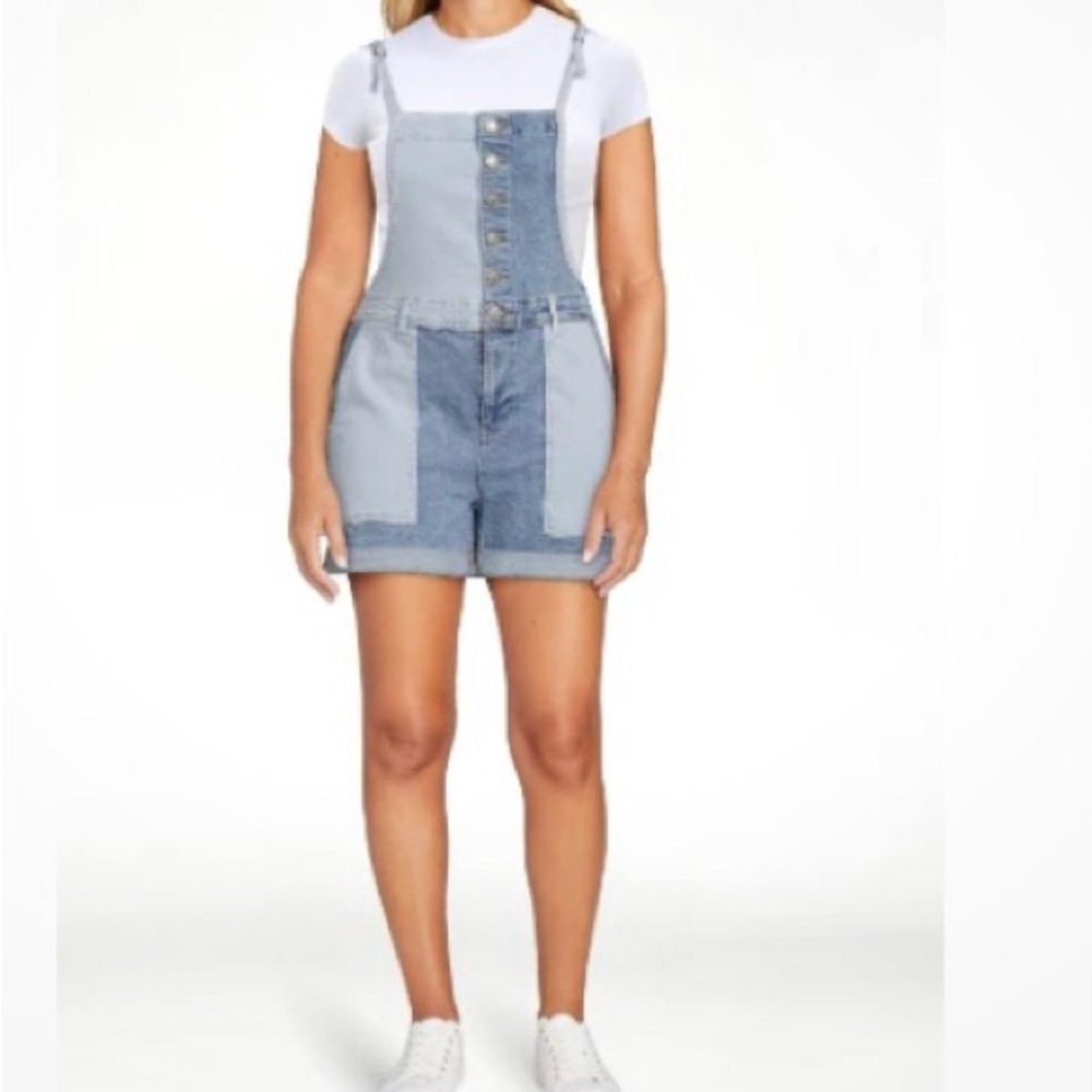Celebrity Pink Blue Patchwork Denim Overalls